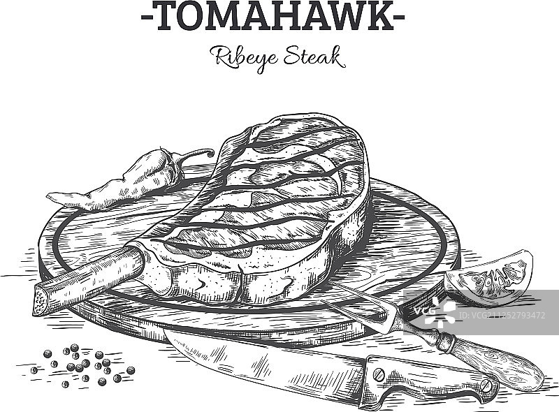 手绘木板上牛排猪肉图案图片素材