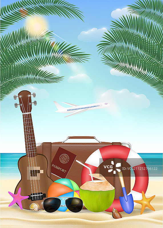 海边沙滩上的夏日旅行包图片素材