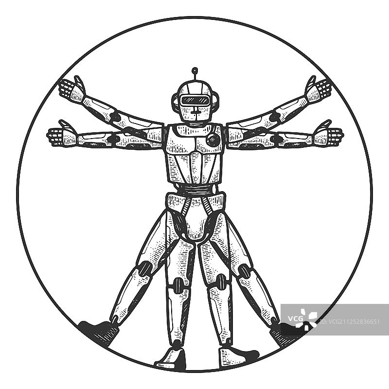 机器人维特鲁威人素描雕刻图片素材