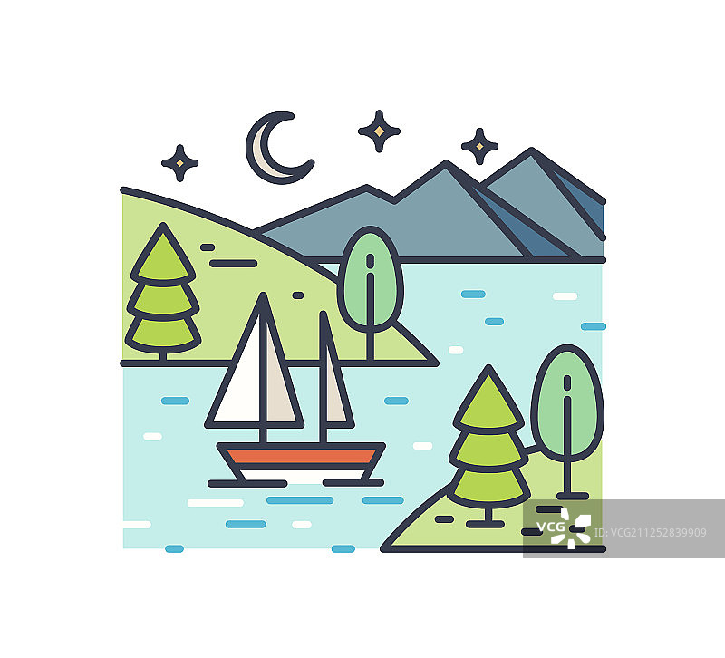 星夜湖畔浪漫之旅线条艺术图片素材