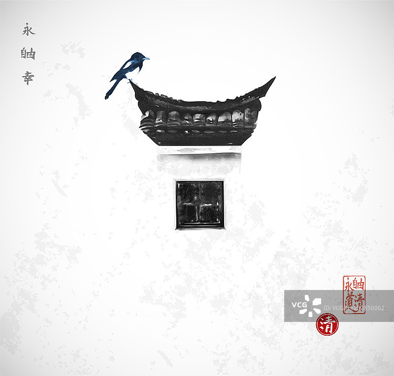 大喜鹊栖息在传统窗户上图片素材
