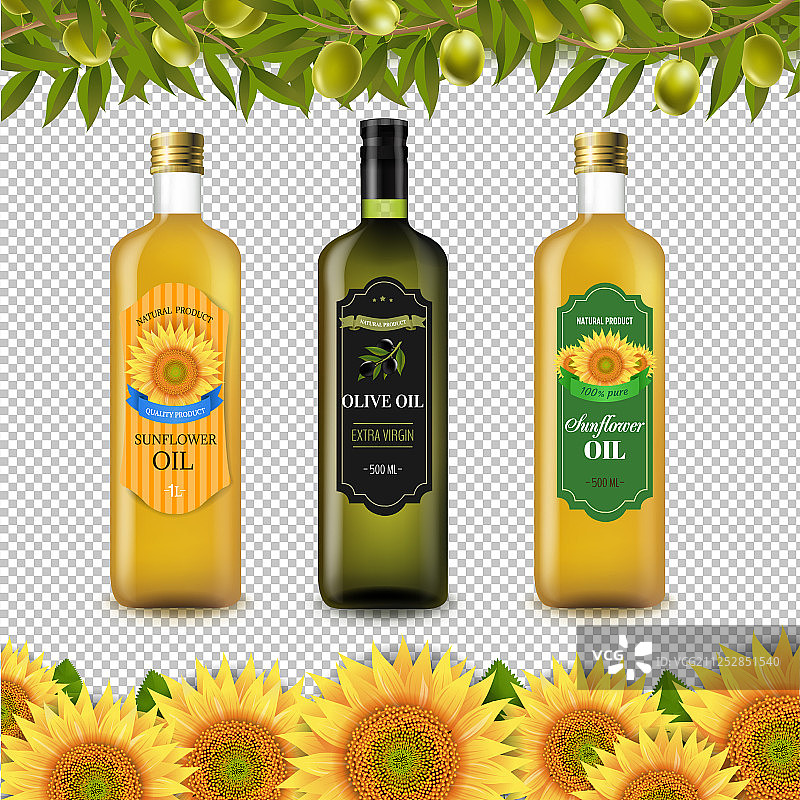 向日葵和橄榄油瓶标签图片素材