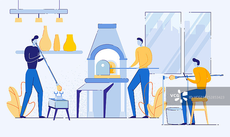 玻璃工匠在熔炉中吹制玻璃器皿图片素材