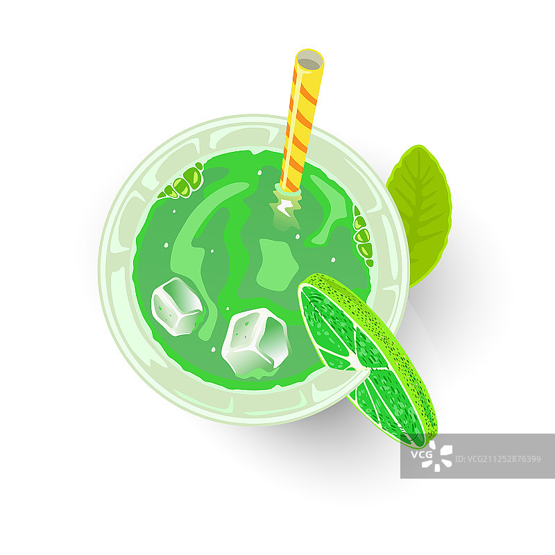装有冰块和吸管的绿色玻璃饮料图片素材