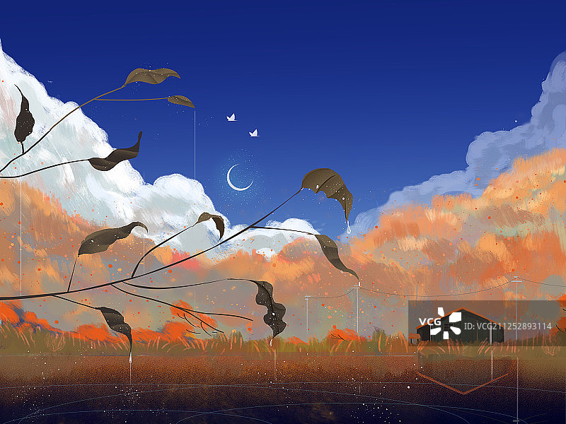 萧瑟的秋日早晨里的小屋，枯叶上盛着露水，弯月仍未褪去（插画）图片素材