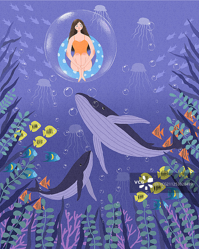 女孩在梦中梦见自己坐在鲸鱼吐出的泡泡里面梦游海底世界图片素材