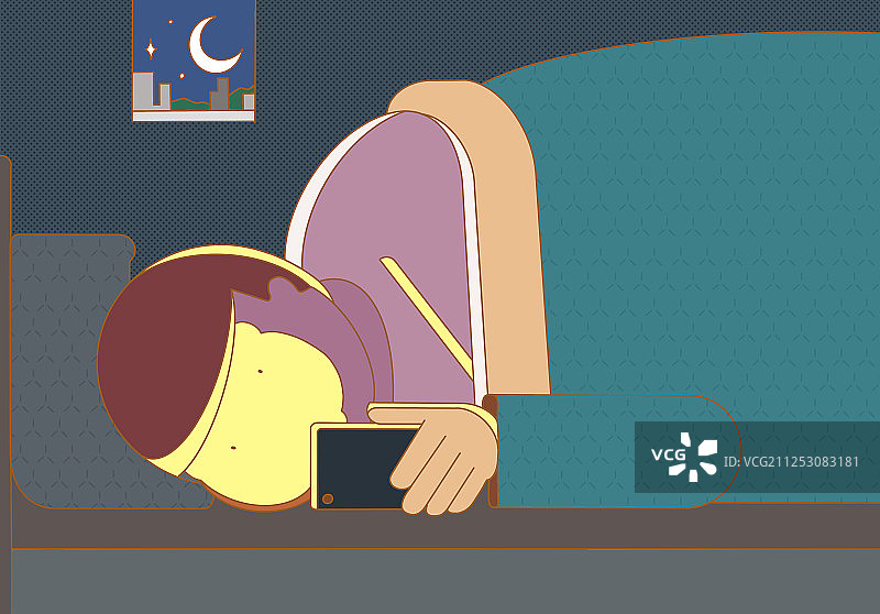 孤独时间手机健康熬夜拖延城市心理肥胖病插画图片素材