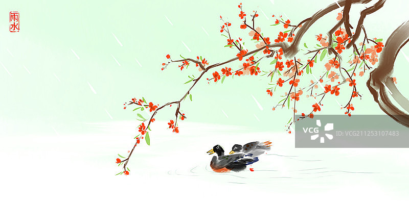 古典水墨画24节气雨水桃花小溪图片素材