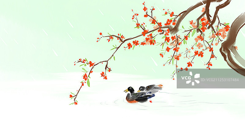 古典水墨画24节气雨水桃花小溪图片素材