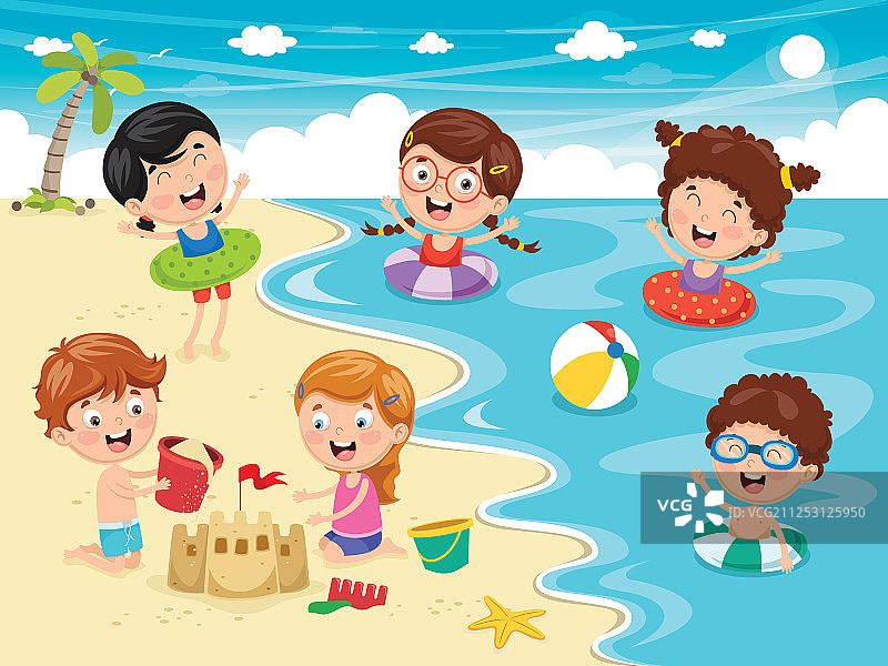 孩子们在海滩和海边玩耍的插画图片素材