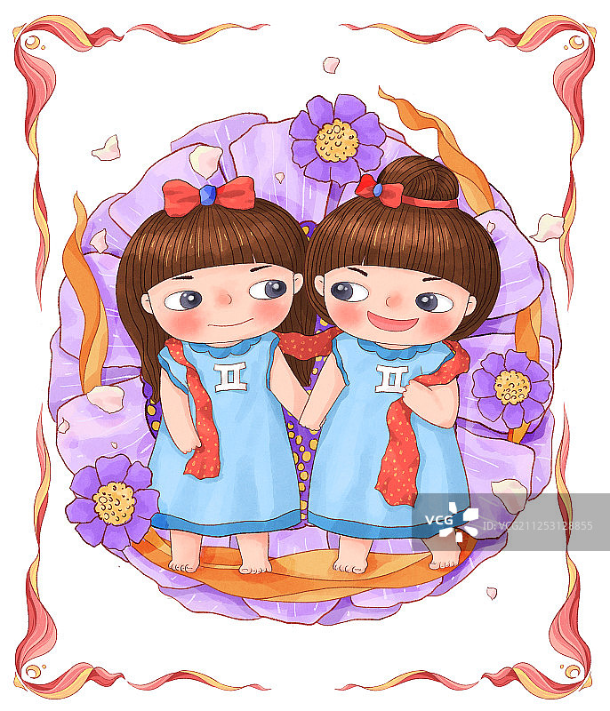 十二星座插画双子座边框白底图片素材