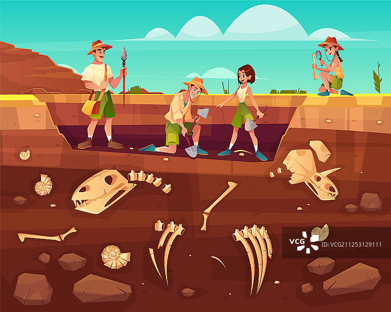科学家在挖掘现场勘探化石图片素材