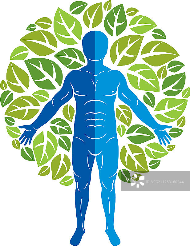 人类运动员被环保绿叶环绕图片素材