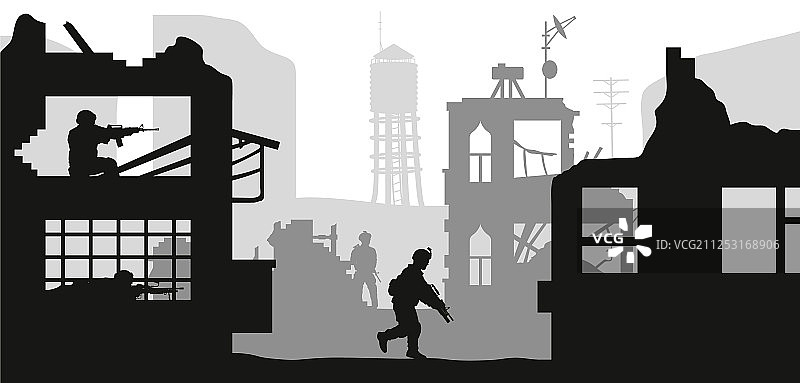 黑色剪影士兵突击房屋图片素材