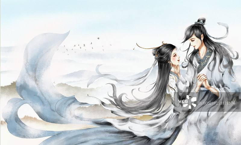 执手对望的古风情侣水墨插画图片素材