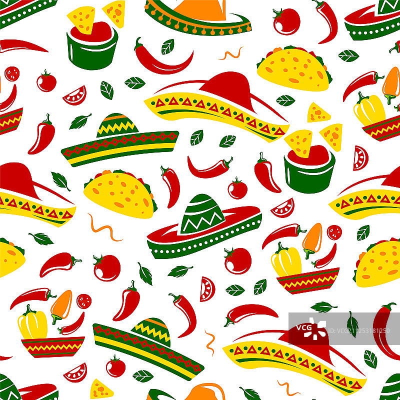 墨西哥玉米卷、玉米片和阔边帽无缝图案图片素材