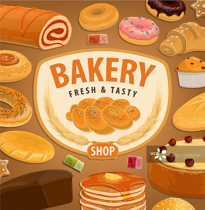 面包蛋糕和羊角面包烘焙糕点图片素材