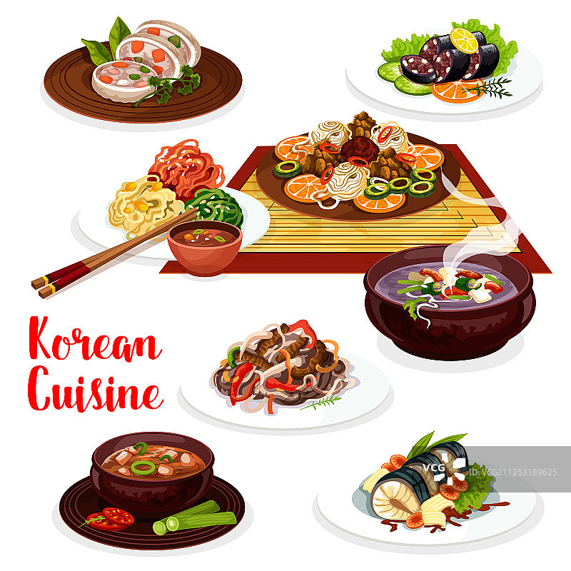 韩国肉类蔬菜和鱼类菜肴图片素材