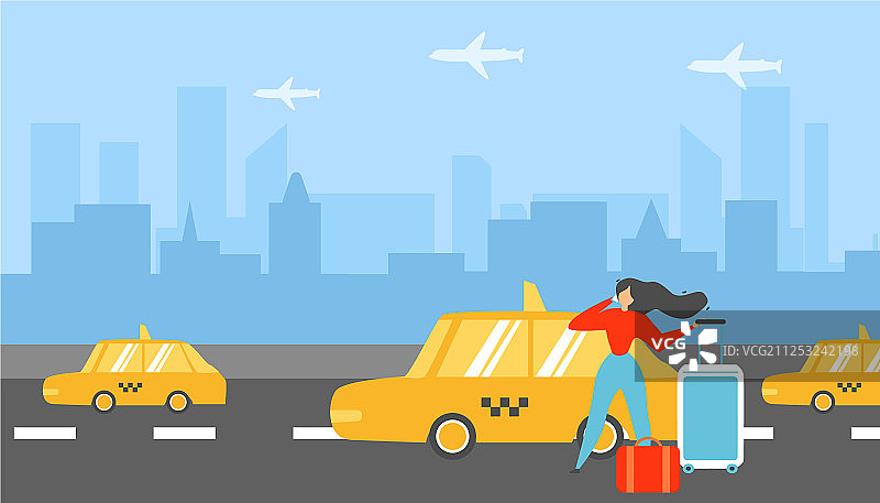 旅行中的女人正在呼叫出租车2.5D概念图片素材