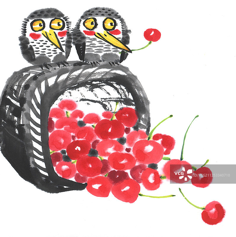 中国画水墨画-站在樱桃竹筐上的小鸟图片素材