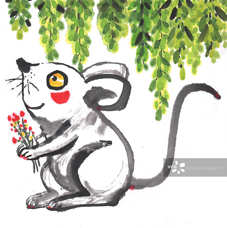 中国画水墨画-拿着花的生肖鼠图片素材
