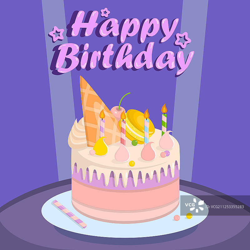紫色背景上的生日派对蛋糕图片素材