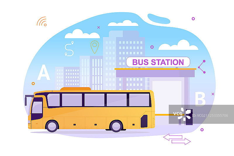 公交车站与候车车辆图片素材