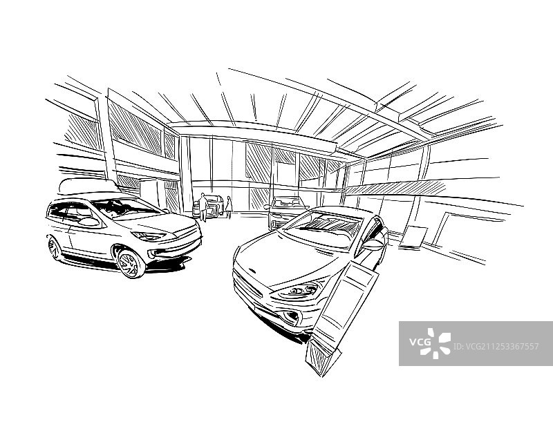 手绘汽车展厅外观设计草图图片素材