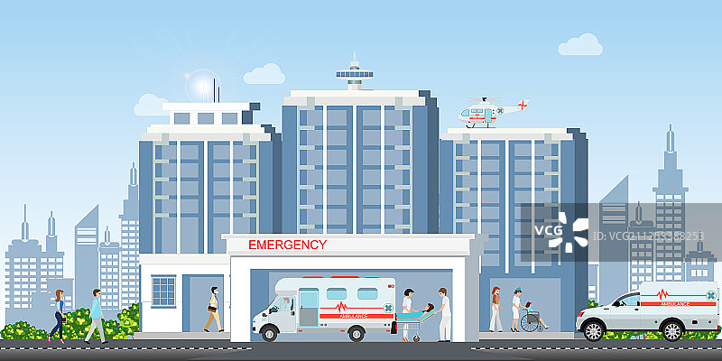 有救护车和医疗设施的医院大楼图片素材