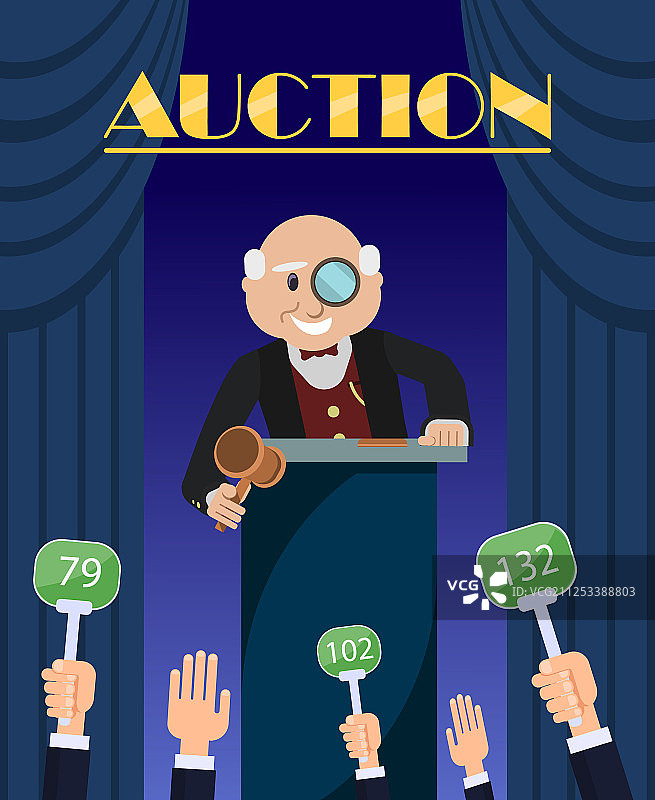 拿着锤子的老年拍卖师向竞标者出售图片素材