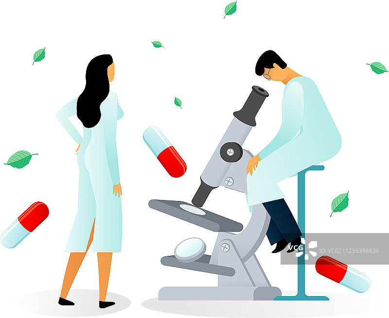 两位医学科学家和一瓶药物图片素材