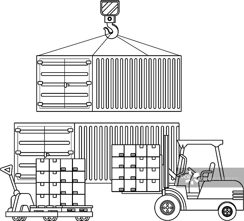 黑色和白色的装有手推车的集装箱图片素材