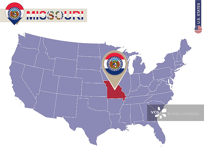 美国地图上的密苏里州，密苏里州旗帜和地图图片素材