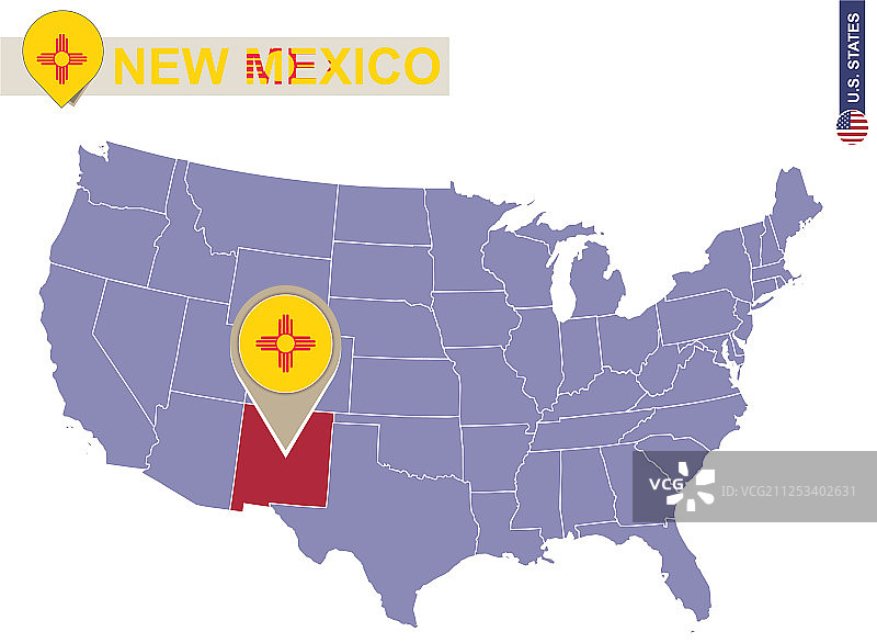 美国地图上的新墨西哥州及州旗图片素材
