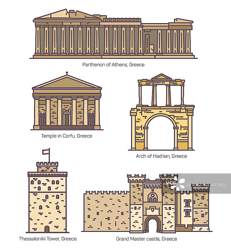 希腊著名地标建筑线性图图片素材