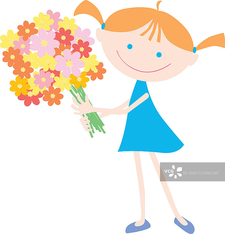 手捧大束鲜花的快乐小女孩图片素材
