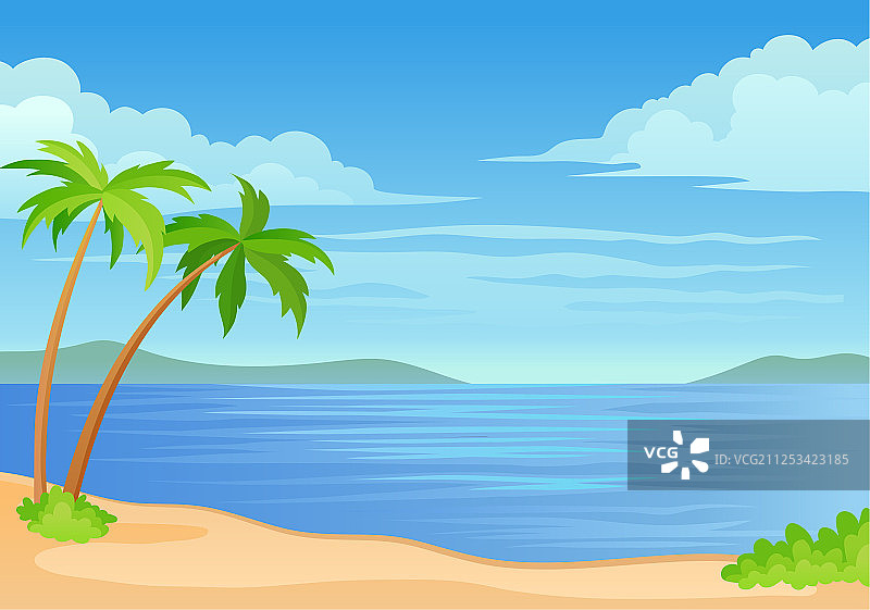 两棵棕榈树和一片灌木丛海图片素材