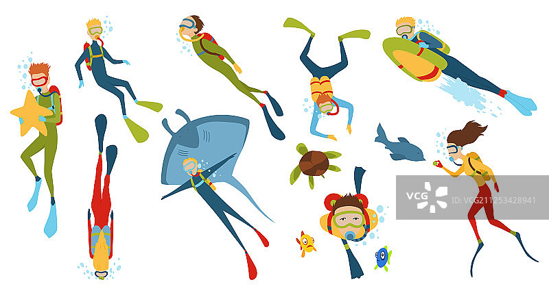 卡通角色水下潜水员男人套装图片素材