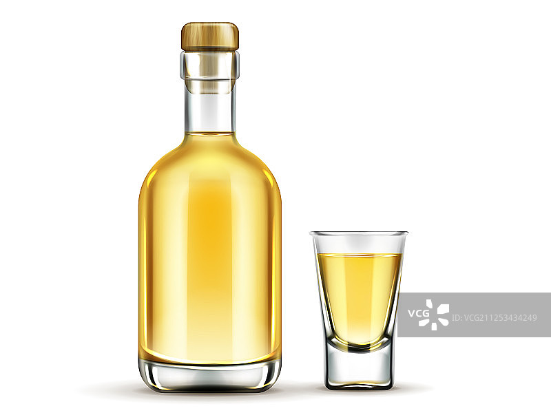 金色龙舌兰酒瓶和shot酒杯样机图片素材