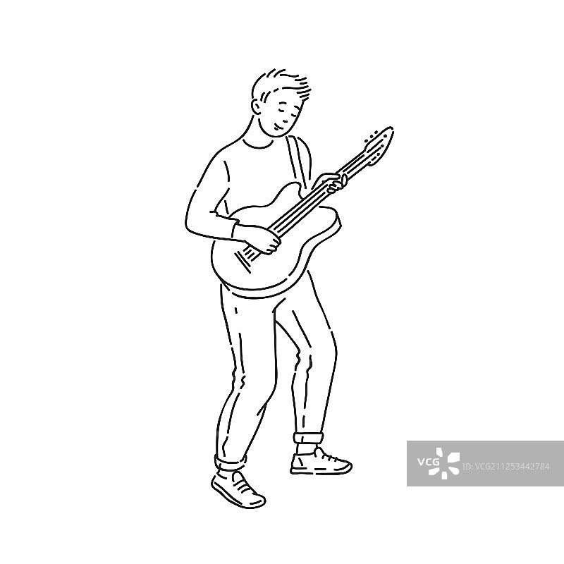 穿牛仔裤的男音乐家弹吉他线条艺术图片素材
