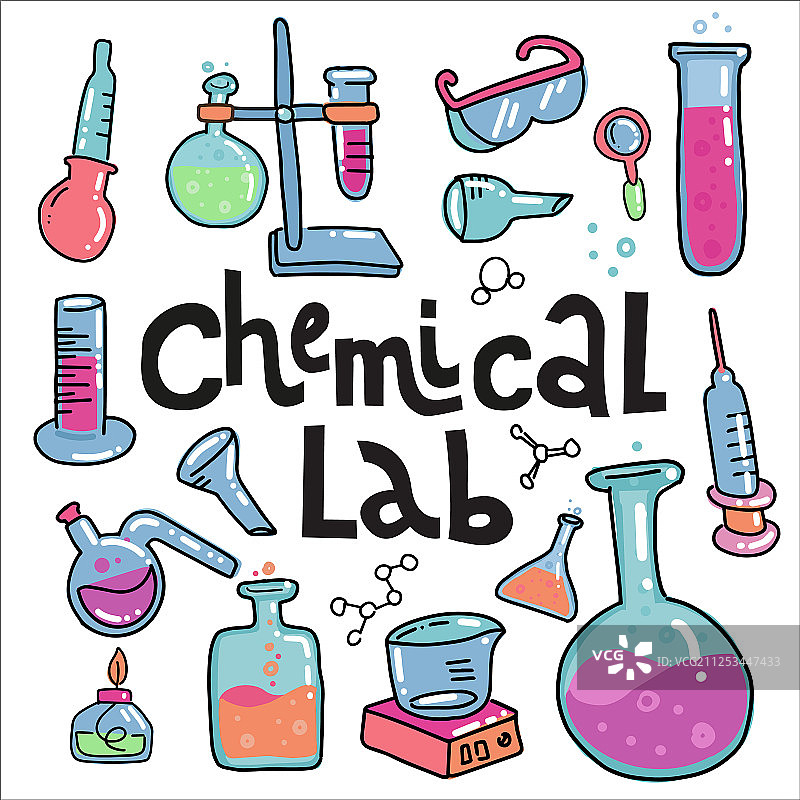 手绘化学和科学彩色图标集图片素材
