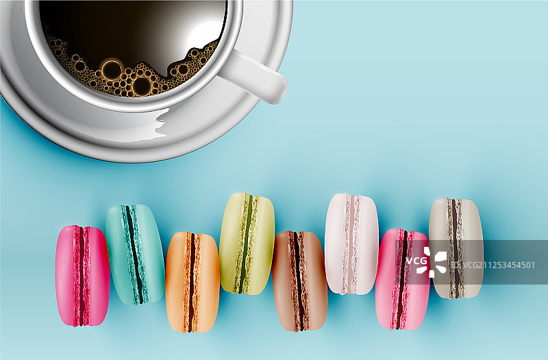 蓝色背景上的高细节彩色马卡龙图片素材