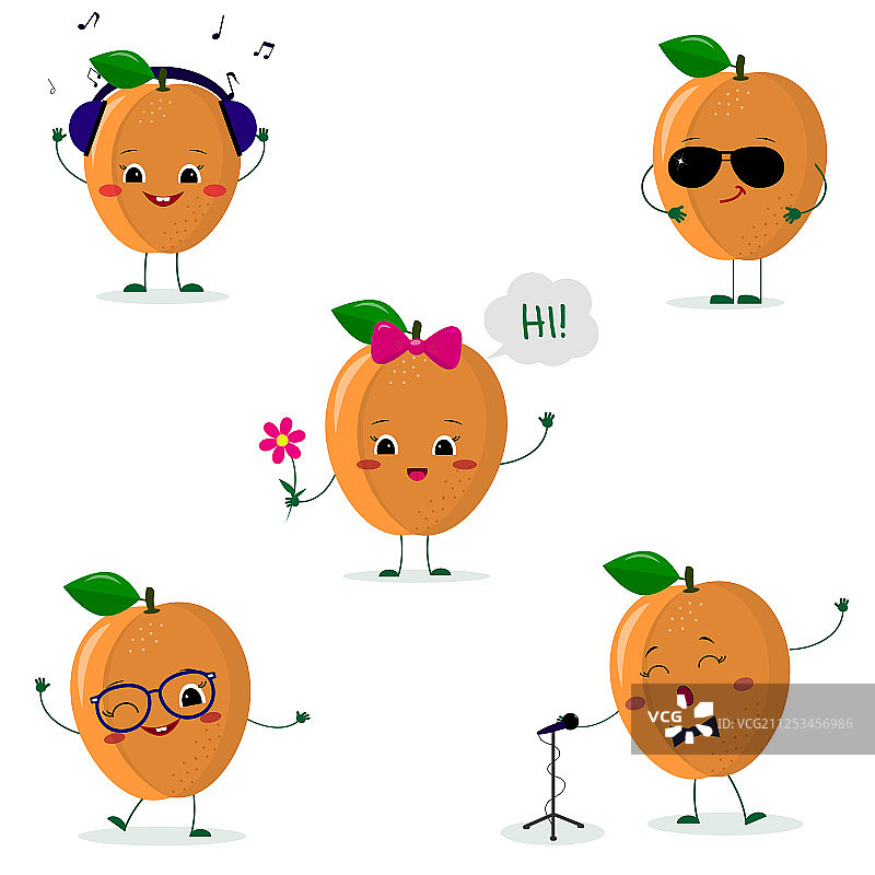 卡通风格的五个成熟杏子笑脸图片素材