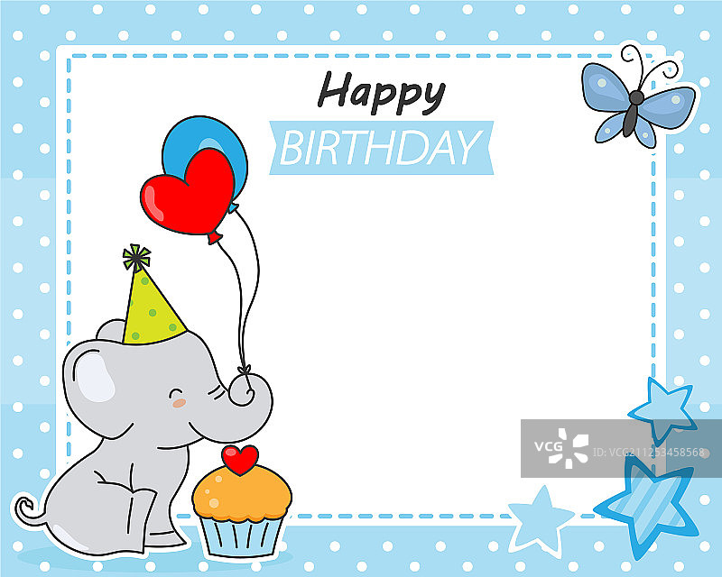 拿着气球和纸杯蛋糕的可爱小象图片素材