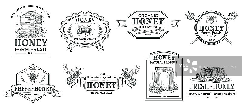 天然蜂蜜徽章蜜蜂农场复古标签图片素材