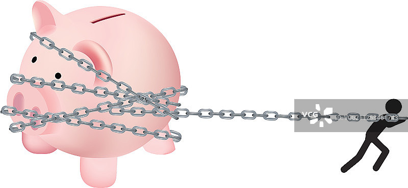 黑人小男人拖着小猪形状的存钱罐图片素材