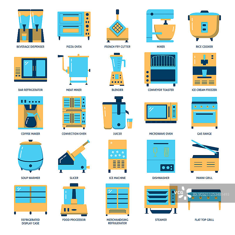 扁平风格的餐厅厨房设备图标集图片素材