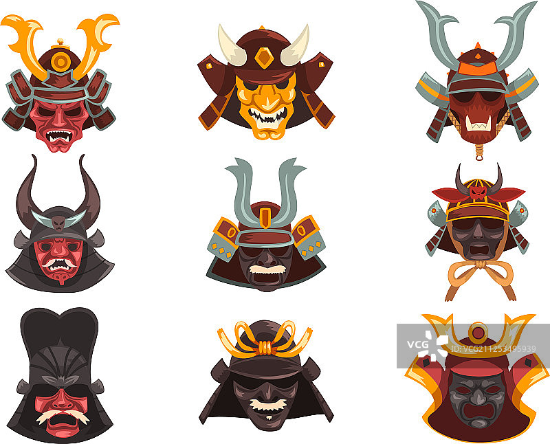古代武士战士战争面具套装符号图片素材