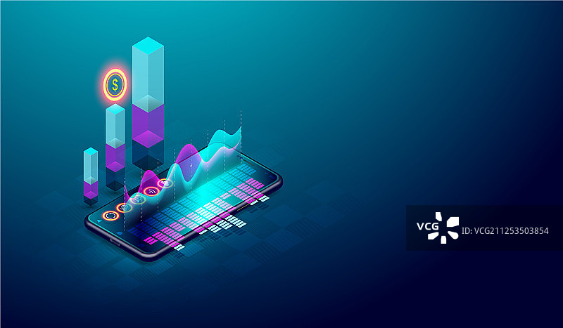 2.5D智能手机上的商业趋势分析图片素材