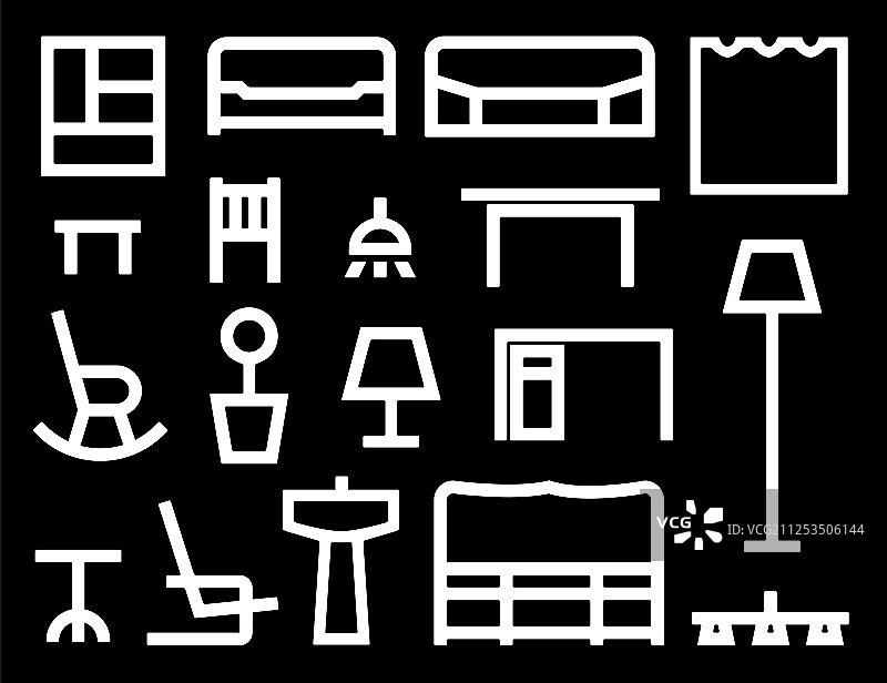 黑色背景上的多个白色家具图标图片素材